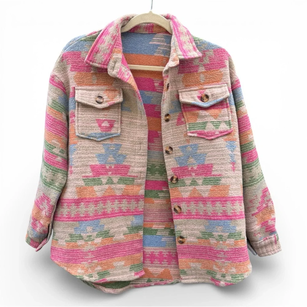 Pink Western Aztec Southwestern Button Flap Pocket Collared Shacket Small